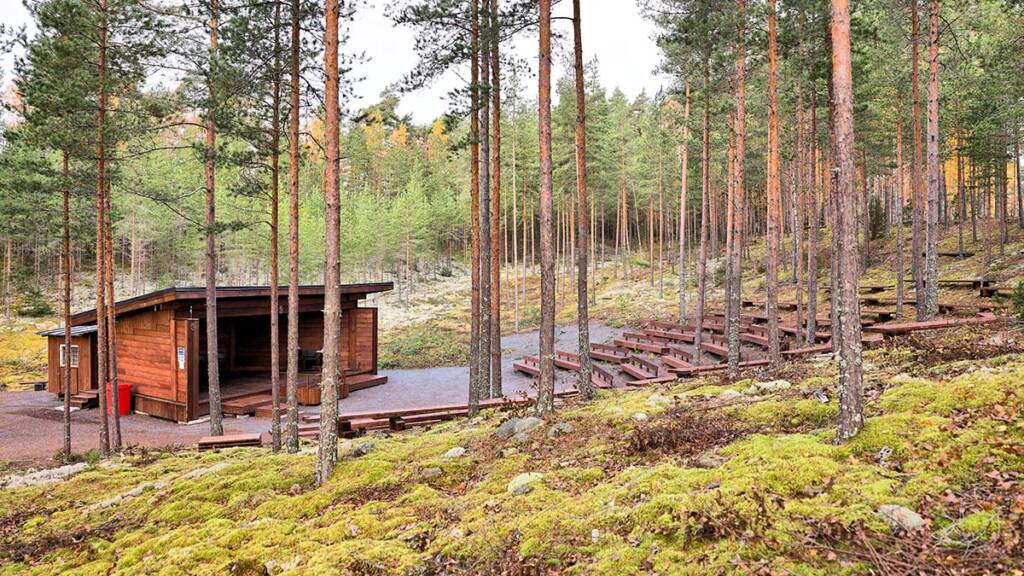 Säres Centerin luonnonkauniin Metsäteatterin katsomo ja esiintymislava sammalmättäiden ympäröimänä.