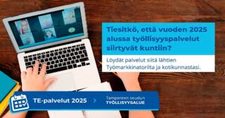 Kädet ja tietokone. Tiesitkö, että vuoden 2025 alussa työllisyyspalvelut siirtyvät kuntiin? TE-palvelut 2025 > Tampereen seudun työllisyysalue.