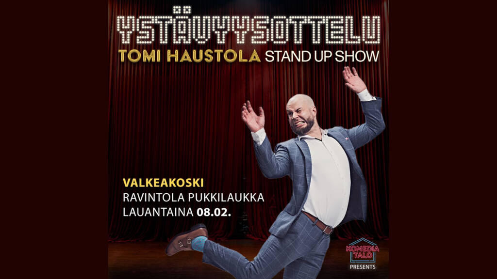 Tomi Haustolan esiintymislavalla ja tekstissä tapahtumasta tietoja.