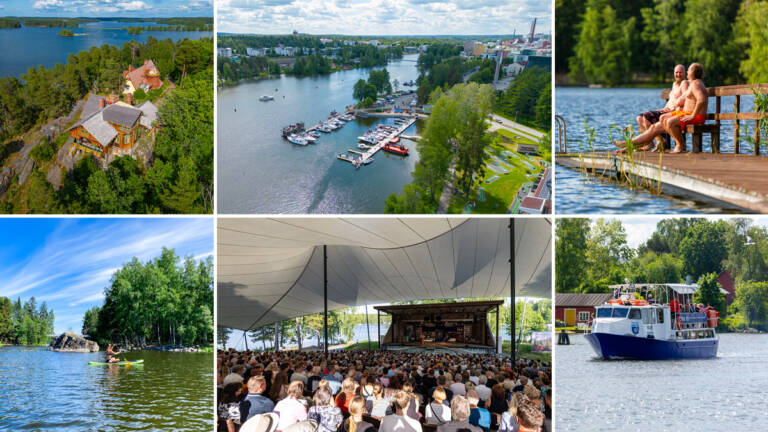 Kuvakollaasi Valkeakosken vesien ääreltä. Kuvissa Visavuoren rakennuksia, Kirkonrannan satama, laiturilla miehiä istumassa, sisävesiristeilylaiva vesillä, kesäteatterin katsomo ja lava sekä suppailija vesillä.